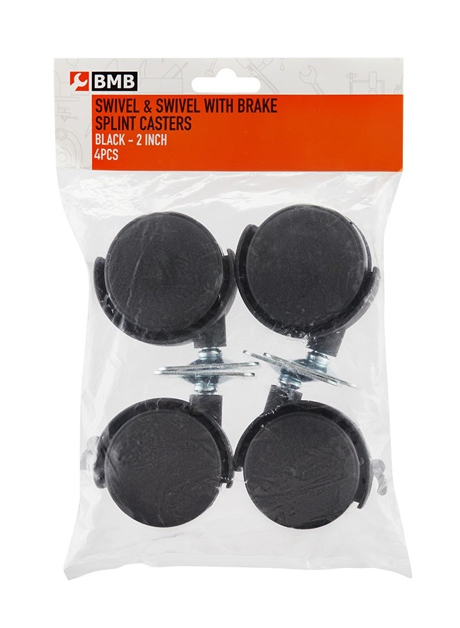 BMB tools 2inch 2-Piece Black Swivel & 2-Piece Swivel with Brake Plate Casters - 25kg Load Capacity (100kg Total) Non-Marking Nylon Wheel for Cabinets, Side Tables, Storage Racks and Drawer Units - Image 1